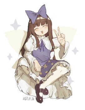 1girl ^_^ bow brown_hair brown_shoes closed_eyes commentary_request dress fairy fairy_wings frilled_dress frills hair_bow juliet_sleeves long_hair long_sleeves mary_janes neck_ribbon open_mouth pantyhose print_dress puffy_sleeves purple_bow purple_dress purple_ribbon ribbon shi_yu_mu_xi shoes simple_background smile solo star_(symbol) star_print star_sapphire touhou v white_background white_pantyhose wings