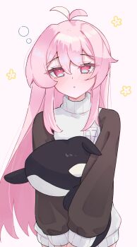 1girl ahoge black_sleeves blush commentary highres holding holding_stuffed_toy long_hair long_sleeves looking_at_viewer magui3 mumble_(shachimu) original parted_lips pink_eyes pink_hair simple_background sleepy sleeves_past_wrists solo stuffed_animal stuffed_orca stuffed_toy sweater symbol-only_commentary turtleneck turtleneck_sweater two-tone_sweater very_long_hair white_background white_sweater