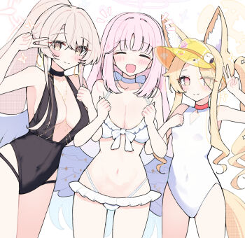 Rule 34 | 3girls, animal ear fluff, animal ears, bare shoulders, bikini, black choker, black one-piece swimsuit, blonde hair, blue archive, breasts, choker, covered navel, cowboy shot, diamond cutout, fox ears, fox girl, frilled bikini, frills, halo, highleg, highleg one-piece swimsuit, highres, long hair, looking at viewer, low wings, medium breasts, mika (blue archive), mika (swimsuit) (blue archive), multiple girls, nagisa (blue archive), nagisa (swimsuit) (blue archive), navel, official alternate costume, official alternate hairstyle, one-piece swimsuit, pink hair, pink halo, ponytail, red choker, sateto (user knrf2332), seia (blue archive), seia (swimsuit) (blue archive), side ponytail, simple background, small breasts, swimsuit, tea party (blue archive), v, very long hair, white background, white bikini, white choker, white one-piece swimsuit, wings, yellow eyes, yellow halo