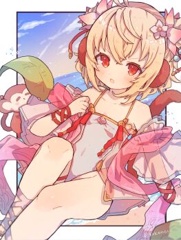 1girl andira_(granblue_fantasy) animal_ears bare_shoulders blonde_hair border double_bun flower granblue_fantasy hair_bun hair_flower hair_ornament highres kokemoco looking_at_viewer monkey monkey_ears monkey_girl monkey_tail navel one-piece_swimsuit open_mouth red_eyes swimsuit tail twitter_username white_border