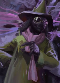 1boy angusburgers black_fur deltarune disco_elysium glasses goat_boy hat highres male_focus purple_scarf ralsei ralsei_(hat) round_eyewear scarf solo upper_body utdr_(toby_fox) wizard wizard_hat