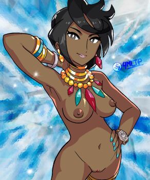 1girl 4mltp black_hair bracelet breasts bright_pupils brown_eyes clitoral_hood collarbone commentary cowboy_shot dark-skinned_female dark_nipples dark_skin derivative_work earrings english_commentary hand_on_own_hip highres jewelry looking_at_viewer nail_polish navel necklace nintendo nipples nude olivia_(pokemon) pokemon pokemon_sm pokemon_tcg pussy short_hair signature solo thigh_strap uncensored white_pupils z-ring