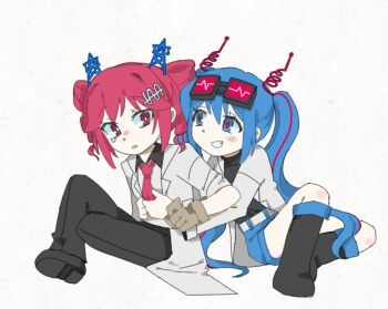 2girls 4my_princess belt black_boots black_pants black_shirt black_shoes blue_eyes blue_shorts boots coat collared_shirt commentary_request drill_hair eyewear_on_head full_body gloves grey_gloves grin hatsune_miku hug jigen_tsuushin_(vocaloid) kasane_teto korean_commentary lab_coat long_hair long_sleeves looking_at_another multiple_girls necktie open_clothes open_coat pants parted_lips radio_antenna red_eyes red_hair red_necktie shirt shirt_tucked_in shoes short_hair shorts simple_background sitting sleeves_rolled_up smile synthesizer_v tearing_up transmission_tower twin_drills twintails utau vocaloid white_background white_shirt