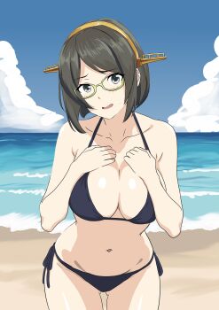 Rule 34 | 1girl, absurdres, alternate costume, beach, bikini, black bikini, black hair, blue eyes, bone namu (namu49850), breasts, cleavage, cloud, day, glasses, gluteal fold, green-framed eyewear, hairband, headgear, highres, kantai collection, kirishima (kancolle), kirishima kai ni (kancolle), large breasts, looking at viewer, navel, ocean, outdoors, short hair, side-tie bikini bottom, solo, swimsuit