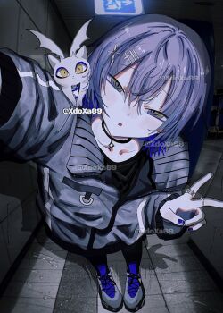 1boy alternate_costume animal animal_on_shoulder artist_name blue_hair blue_nails commentary cross_hair_ornament foreshortening full_body grey_jacket hair_ornament hairclip head_tilt highres jacket jewelry koyanagi_rou long_sleeves looking_at_viewer male_focus medium_hair multiple_rings nijisanji open_mouth otomo_(koyanagi_rou) outstretched_arm pendant_choker ring solo symbol-only_commentary tile_floor tile_wall tiles v xdoxa89