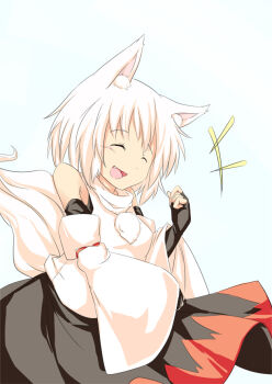 Rule 34 | 1girl, ^^^, animal ears, bare shoulders, blush, breasts, closed eyes, detached sleeves, fang, female focus, fingerless gloves, gloves, inubashiri momiji, kokutei n, looking at viewer, open mouth, pom pom (clothes), short hair, silver hair, small breasts, solo, tail, touhou, wolf ears, wolf tail