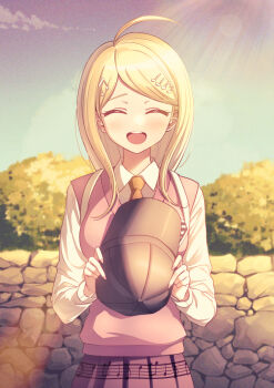 1girl ^_^ ahoge akamatsu_kaede backpack bag blonde_hair blush bush closed_eyes cloud danganronpa_(series) danganronpa_v3:_killing_harmony deadnooodles dusk fortissimo hair_ornament hat highres holding holding_unworn_clothes holding_unworn_hat long_hair musical_note musical_note_hair_ornament musical_staff necktie outdoors pleated_skirt randoseru shadow shine skirt smile solo sweater_vest twilight unworn_hat unworn_headwear upper_body