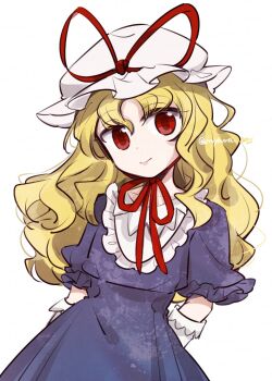 1girl arms_behind_back blonde_hair closed_mouth commentary dress gloves hat hat_ribbon highres long_hair looking_at_viewer mob_cap purple_dress red_eyes red_ribbon ribbon short_sleeves simple_background smile solo tama_(hiroshige_36) touhou twitter_username white_background white_gloves white_hat yakumo_yukari