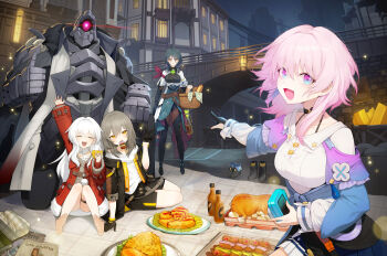 1other 4girls absurdres arm_up barefoot black_choker black_corset black_gloves black_skirt blue_eyes blue_jacket blue_skirt boots bread breasts camera choker clara_(honkai:_star_rail) closed_eyes coat commentary_request corset cup drinking_glass earrings flower_ornament food fur_trim gloves grey_hair hair_between_eyes highres holding holding_cup honkai:_star_rail honkai_(series) jacket jewelry k_hottok large_breasts long_hair long_sleeves march_7th_(honkai:_star_rail) medium_breasts medium_hair miniskirt multicolored_eyes multiple_girls natasha_(honkai:_star_rail) open_mouth pantyhose partially_fingerless_gloves pink_eyes pink_hair plate pleated_skirt pointing red_coat red_jacket robot shirt short_hair single_earring sitting skirt smile stelle_(honkai:_star_rail) svarog_(honkai:_star_rail) tied_jacket trailblazer_(honkai:_star_rail) two-tone_eyes white_hair white_shirt yellow_eyes