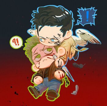 ! !? 2boys acosmo angel angel_wings black_hair black_pants black_shirt blonde_hair blood blood_on_face blood_on_hands blue_eyes blue_pants brown_coat brown_shoes carrying carrying_person castiel chibi chibi_only coat dean_winchester denim falling_feathers feathers flying full_body gradient_background green_eyes holding holding_weapon jeans looking_to_the_side looking_up male_focus multiple_boys pants parted_lips shirt shoes sideburns sideways_glance spoken_exclamation_mark spoken_interrobang supernatural_(tv_series) weapon white_wings wings