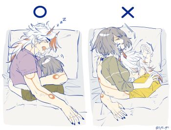 Rule 34 | 1boy, 1girl, arataki itto, bed, black nails, breasts, brown pajamas, closed eyes, colored inner hair, commentary, cuddling, english commentary, facial mark, from side, genshin impact, grey hair, head on chest, head on pillow, highres, horns, hug, kujou sara, long hair, long sleeves, lying, medium breasts, multicolored hair, on bed, oni, open mouth, pajamas, pillow, pointy ears, profile, purple shirt, red hair, red horns, saliva, shirt, short hair, sleeping, toned, toned male, twitter username, under covers, unholymilk, upper body, white background, white hair, yellow shirt, zzz