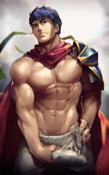 Rule 34 | 1boy, 8 (yamalu), abs, armor, bara, blue eyes, blue hair, blurry, blurry background, bulge, cape, closed mouth, crotch grab, erection, erection under clothes, fire emblem, fire emblem: radiant dawn, hand on own hip, headband, highres, ike (fire emblem), large pectorals, looking at viewer, male focus, muscular, muscular male, navel, nintendo, nipples, pauldrons, pectorals, red cape, short hair, shoulder armor, single pauldron, solo, textless version, topless male, variant set