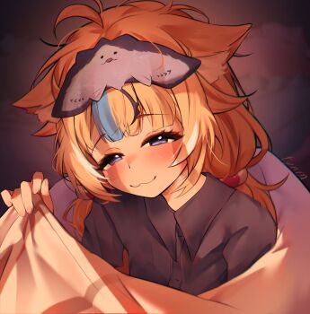 1girl :3 absurdres alternate_costume animal_ears blanket blonde_hair blue_eyes blue_streaks blush cat_ears closed_mouth collared_shirt half-closed_eyes highres indie_virtual_youtuber long_hair long_sleeves looking_at_viewer low_twintails lying mask mask_on_head multicolored_hair pajamas sameko_saba shirt signature sleep_mask sleepy smile smug solo streaked_hair twintails tyam under_covers upper_body