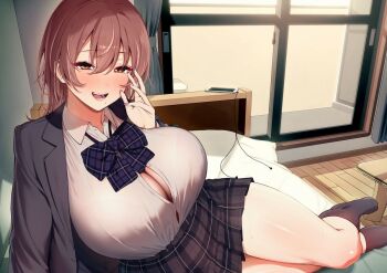 1girl amano_don black_bow black_bowtie black_jacket black_skirt black_socks blazer blush bow bowtie breasts brown_hair button_gap cellphone cleavage collared_shirt commentary earbuds earphones foot_out_of_frame hair_between_eyes hand_to_own_mouth huge_breasts indoors jacket looking_at_viewer loose_bowtie lying medium_hair miniskirt mole mole_under_mouth no_bra on_bed on_side open_mouth original phone plaid_bow plaid_bowtie plaid_clothes plaid_skirt pleated_skirt shirt skirt smartphone smile socks solo white_shirt window wing_collar wooden_floor yellow_eyes