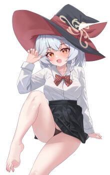 1girl absurdres barefoot black_panties black_skirt blue_archive blush bow braid breasts eri_(blue_archive) foot_out_of_frame grey_hair hair_between_eyes halo hat highres long_hair long_sleeves looking_at_viewer manjie open_mouth orange_eyes panties pleated_skirt red_bow shirt side_braid simple_background sitting skirt smile solo striped_bow underwear white_background white_hair white_shirt witch witch_hat yellow_halo