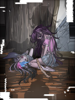 Rule 34 | 3girls, absurdres, apron, black hair, blue hair, blue skirt, commentary request, corpse, curtains, danganronpa (series), danganronpa 2: goodbye despair, death, glitch, hair horns, haiyang shengwu, highres, japanese clothes, kimono, long hair, mioda ibuki, multicolored hair, multiple girls, pink eyes, pink hair, pink shirt, purple eyes, purple hair, reflection, rope, saionji hiyoko, shadow, shirt, shoes, short sleeves, sitting, skirt, socks, spoilers, tsumiki mikan, white apron, white hair, white shoes, white socks, wooden floor