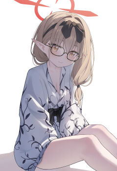 1girl absurdres bad_id bad_pixiv_id bath_yukata black_headband blue_archive braid breasts brown_hair chinatsu_(blue_archive) chinatsu_(hot_spring)_(blue_archive) cleavage glasses hairband halo headband highres japanese_clothes kimono large_breasts lishu_(2013547716) long_hair looking_at_viewer official_alternate_costume open_clothes open_kimono pointy_ears red_halo side_braid simple_background sitting smile solo thighs white_background white_kimono yellow_eyes yukata