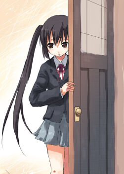 00s 1girl black_hair blush brown_eyes door female_focus k-on! long_hair nakano_azusa neck_ribbon red_ribbon ribbon school_uniform skirt solo twintails yakka