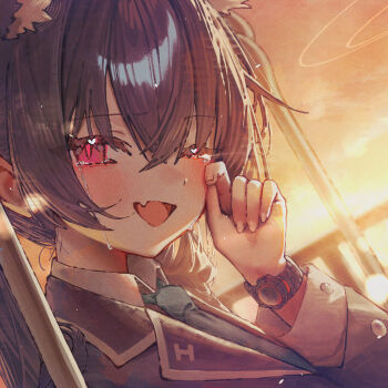 1girl animal_ear_fluff animal_ears betabeet black_hair black_jacket blue_archive blue_necktie blush cat_ears cat_girl collared_shirt extra_ears fang hair_between_eyes highres jacket long_hair looking_at_viewer necktie one_eye_closed open_mouth red_eyes serika_(blue_archive) shirt sidelocks skin_fang solo white_shirt