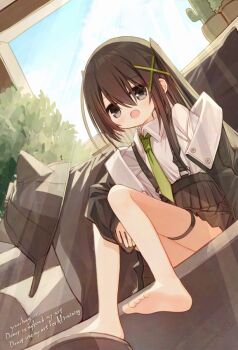 1girl barefoot black_jacket collared_shirt commentary_request day green_necktie hair_between_eyes hair_ornament jacket long_hair necktie open_clothes open_jacket original pleated_skirt shiho_(yuuhagi_(amaretto-no-natsu)) shirt sitting sitting_on_stairs skirt sleeves_past_wrists soles solo stairs suspender_skirt suspenders toes watermark white_shirt x_hair_ornament yuuhagi_(amaretto-no-natsu)