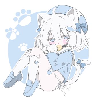 Rule 34 | 1girl, :o, ahoge, animal ear fluff, animal ears, animal hands, bandaid, bandaid on leg, bell, bikini, bikini bottom only, black choker, blue background, blue bow, blue eyes, blue hat, blue shirt, blue shoes, blush stickers, bow, cat ears, cat girl, cat tail, choker, commentary request, fang, fish hair ornament, full body, gauze on knee, gloves, hair bow, hair ornament, hat, highres, izumi (yura izumi), knees up, loafers, long sleeves, multiple hair bows, neck bell, no pants, no pupils, open mouth, original, paw gloves, paw print, sailor collar, shirt, shoes, short hair, side-tie bikini bottom, socks, solo, swimsuit, tail, tail bow, tail ornament, two-tone background, white background, white bikini, white hair, white sailor collar, white socks