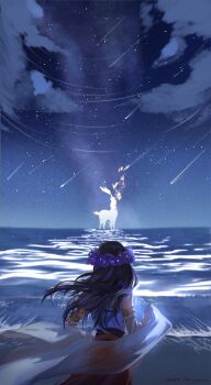 1girl absurdres alkaid_mcgrath alkaid_mcgrath_(spirit_world) animalization armlet bare_shoulders beach black_hair chinese_commentary cloud cowboy_shot deer detached_sleeves disintegration facing_away flower flower_wreath from_behind gold_armlet head_wreath heroine_(lovebrush_chronicles) highres jewelry long_hair lovebrush_chronicles mengmao727 night outdoors purple_flower red_skirt see-through_clothes see-through_shawl shawl shirt shooting_star skirt sky sleeveless sleeveless_shirt solo spoilers standing standing_on_liquid star_(sky) star_trail starry_sky white_shawl white_shirt