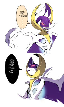 bright_pupils commentary_request cropped_torso english_text fangs gen_7_pokemon ingoguma legendary_pokemon lunala nintendo no_humans parted_lips pink_eyes pokemon pokemon_(creature) simple_background speech_bubble twitter_username white_background white_pupils