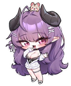 Rule 34 | 1girl, :3, ahoge, black camisole, black choker, blunt bangs, blush, breasts, camisole, chibi, chibi only, choker, cleavage, commentary request, demon girl, demon horns, fang, fish ornament, full body, gim aenggo, hair bun, hair ornament, hairclip, highres, horns, indie virtual youtuber, jacket, korean commentary, large breasts, long hair, long sleeves, looking at viewer, mascot, off shoulder, open mouth, pointy ears, purple eyes, purple hair, simple background, single side bun, slippers, smile, solo, thigh strap, very long hair, virtual youtuber, white background, white jacket, white slippers, x hair ornament, yabby