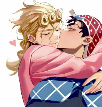 Rule 34 | 2boys, arm around shoulder, arms up, black hair, blonde hair, blue shirt, blush, braid, brown eyes, closed eyes, closed mouth, commentary, earrings, eyelashes, giorno giovanna, guido mista, hair rings, hat, heart, highres, jewelry, jojo no kimyou na bouken, kiss, kissing cheek, long hair, long sleeves, male focus, multiple boys, patterned clothing, piercing, pink shirt, shirt, simple background, single braid, smile, stud earrings, symbol-only commentary, vento aureo, white background, yaoi, zu okr