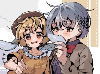 2girls animal_ears bite_mark bite_mark_on_ear bite_marks biting blonde_hair blush brown_headwear brown_jacket dress feathered_wings floppy_ears grey_hair hair_between_eyes hat jacket kishin_sagume long_sleeves multiple_girls newsboy_cap open_mouth orange_shirt purple_dress rabbit_ears red_eyes ringo_(touhou) shirt short_hair short_sleeves single_wing touhou warabe_(be-san) white_wings wings