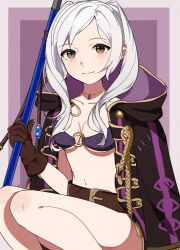 Rule 34 | 1girl, belt, bikini, breasts, brown eyes, brown gloves, cleavage, closed mouth, fire emblem, fire emblem awakening, fire emblem heroes, gloves, gmais2514, highres, holding, holding polearm, holding weapon, jewelry, long hair, looking at viewer, medium breasts, navel, necklace, nintendo, o-ring, o-ring bikini, o-ring top, official alternate costume, polearm, purple bikini, robin (female) (fire emblem), robin (female) (summer) (fire emblem), robin (fire emblem), simple background, smile, solo, swimsuit, twintails, weapon, white hair