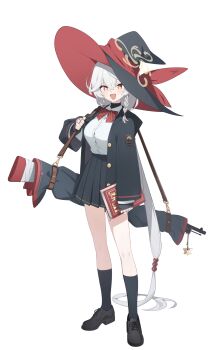 1girl absurdres black_jacket black_skirt black_socks blue_archive bolt_action book bow bowtie braid breasts bright_pupils button_gap carcano collared_shirt crossed_bangs diagonal-striped_bow diagonal-striped_bowtie diagonal-striped_clothes earrings eri_(blue_archive) full_body game_cg grey_hair gulim gun hair_between_eyes halo hat highres holding holding_book hood hooded_jacket jacket jewelry kneehighs large_breasts long_hair long_sleeves looking_at_viewer low-tied_long_hair multiple_rings official_art open_clothes open_jacket open_mouth orange_eyes pleated_skirt red_bow red_bowtie rifle ring shirt shirt_tucked_in shoes side_braid simple_background single_braid single_earring skirt sleeves_past_wrists smile socks solo standing star-shaped_pupils star_(symbol) striped_bow striped_bowtie striped_clothes symbol-shaped_pupils transparent_background very_long_hair weapon white_shirt witch_hat