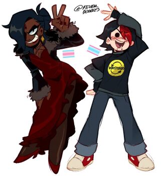 1boy 1girl bindi black_eyes black_hair black_jacket black_shirt blush breasts cleavage commentary dark-skinned_female dark_skin dress english_commentary fever_el_cacas full_body genderswap genderswap_(ftm) genderswap_(mtf) grin jacket knives_chau layered_sleeves long_hair long_sleeves looking_at_viewer matthew_patel medium_breasts open_mouth pants ponytail red_dress red_hair scott_pilgrim_(series) scott_pilgrim_takes_off shirt shoes short_hair short_over_long_sleeves short_sleeves simple_background smile solid_circle_eyes standing transfeminine_flag transmasculine_flag v white_background