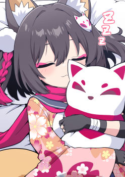 1girl :3 animal_ear_fluff animal_ears black_gloves black_skirt blue_archive blush brown_hair cherry_blossom_print closed_eyes cropped_shirt elbow_gloves floral_print floral_print_kimono fox_ears fox_girl fox_tail fukamiki_kei gloves grass halo highres hugging_object hugging_own_tail hugging_tail izuna_(blue_archive) japanese_clothes kimono large_tail lying neckerchief on_ground on_side outdoors pink_neckerchief pink_scarf pleated_skirt print_kimono scarf school_uniform serafuku shirt short_hair single_thighhigh skindentation skirt sleeping sleeveless sleeveless_shirt solo stuffed_toy tail thighhighs white_shirt zzz