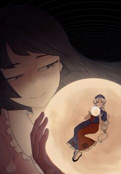 Rule 34 | 2girls, black eyes, black hair, black shoes, blue hat, blue shirt, blue skirt, breasts, closed eyes, collared shirt, commentary request, dark, facing viewer, floating, floating hair, frilled shirt collar, frilled skirt, frills, full body, glowing, half-closed eyes, hands up, hat, head tilt, highres, holding, holding orb, houraisan kaguya, long braid, long hair, long skirt, looking at another, medium breasts, mini person, minigirl, multiple girls, orb, parted bangs, parted lips, pink skirt, portrait, puffy short sleeves, puffy sleeves, red shirt, red skirt, shirt, shoes, short sleeves, sidelocks, skirt, sparkle, touhou, two-tone shirt, two-tone skirt, very long hair, white hair, xmzhier, yagokoro eirin