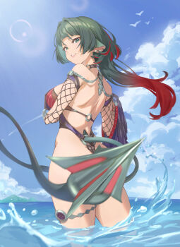 1girl absurdres animal_ears bare_shoulders black_hair black_one-piece_swimsuit blue_eyes blue_sky breast_curtains breasts censored choker cloud commentary earrings english_commentary fishnet_sleeves fishnets from_behind gradient_hair hair_intakes highres jane_doe_(nocturne_of_light)_(zenless_zone_zero) jane_doe_(zenless_zone_zero) jewelry large_breasts leather_leotard long_hair looking_at_viewer looking_back mouse_ears mouse_girl mouse_tail multicolored_hair notched_ear o-ring o-ring_choker o-ring_swimsuit ocean official_alternate_costume one-piece_swimsuit outdoors parted_lips red_hair red_one-piece_swimsuit riria_kaiga sharp_tail shoulder_blades sky solo splashing swimsuit tail tail_censor thigh_strap two-tone_one-piece_swimsuit wading water zenless_zone_zero