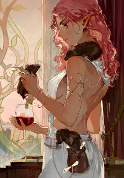 Rule 34 | 1girl, absurdres, alcohol, animal, armlet, baldur's gate, baldur's gate 3, belt pouch, blush, breasts, commentary, cup, dress, drinking glass, dungeons & dragons, dungeons &amp; dragons, english commentary, freckles, highres, holding, holding animal, holding cup, jewelry, kuzen, mouse (animal), pink hair, pouch, red eyes, sideboob, solo, tav (baldur's gate), white dress, window, wine, wine glass