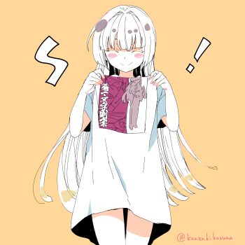 absurdres blunt_bangs blush highres kanzaki_karuna kiku_ichimonji_norimune lifting_own_clothes long_hair long_shirt no_pants oversized_clothes oversized_shirt personification print_shirt shirt simple_background smile t-shirt tenka_hyakken white_hair white_shirt yellow_background