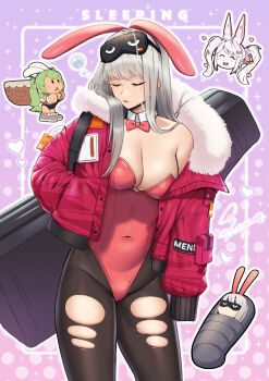 3girls alice_(nikke) alice_(wonderland_bunny)_(nikke) alternate_costume animal_ears black_pantyhose breasts cleavage closed_eyes cowboy_shot fake_animal_ears frima_(nikke) goddess_of_victory:_nikke grey_hair highres jacket medium_breasts multiple_girls open_clothes open_jacket pantyhose playboy_bunny rabbit_ears sawasa sleep_mask sleeping soda_(nikke) soda_(twinkling_bunny)_(nikke) torn_clothes torn_pantyhose