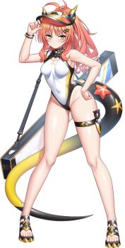 1girl :/ alternate_costume antenna_hair blush breasts covered_navel curvy dragon_girl full_body hair_ornament hairclip highleg highleg_one-piece_swimsuit horns kanzashi long_hair looking_at_viewer medium_breasts multicolored_swimsuit namaniku_atk official_alternate_costume official_art one-piece_swimsuit orange_eyes simple_background solo swimsuit tail taimanin_(series) taimanin_rpgx tatsumiya_hairi transparent_background white_one-piece_swimsuit wide_hips yellow_eyes