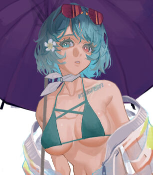 1girl bikini blue_bikini blue_eyes blue_hair breasts character_name collarbone commentary expressionless eyewear_on_head flower hair_flower hair_ornament heterochromia highres holding holding_umbrella hood hoodie looking_at_viewer medium_breasts medium_hair navel neck_ribbon open_clothes open_hoodie parted_lips purple_umbrella red_eyes ribbon ryohn see-through_clothes solo sunglasses swimsuit tatara_kogasa teeth touhou umbrella white_background