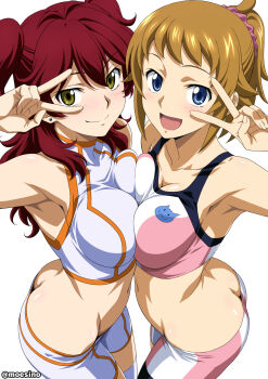 2girls :d absurdres arm_up armpits ass bare_shoulders bike_shorts blue_eyes breast_press breasts brown_hair butt_crack cleavage closed_mouth collarbone commentary_request covered_collarbone cowboy_shot crop_top earrings freckles groin gundam gundam_00 gundam_build_fighters gundam_build_fighters_try hair_between_eyes hair_ornament hair_scrunchie highres hoshino_fumina in-franchise_crossover jewelry light_blush long_hair looking_at_viewer medium_breasts medium_hair moeshino multiple_girls navel nena_trinity open_mouth paid_reward_available pink_scrunchie pink_shorts pink_sports_bra ponytail red_hair scrunchie shirt shorts sidelocks simple_background sleeveless sleeveless_shirt smile sports_bra standing stomach stud_earrings symmetrical_docking thighhighs twitter_username two-tone_sports_bra two_side_up v v_over_eye white_background white_shirt white_shorts white_sports_bra white_thighhighs yellow_eyes