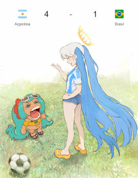 2girls aqua_hair argentina argentinian_flag argentinian_miku artist_request ball blue_eyes blue_hair brazil brazilian_flag brazilian_miku chopper_crying_(meme) crown crying denim denim_shorts female_focus flag flip-flops grass green_eyes green_hair hatsune_miku highres long_hair long_twintails multiple_girls navel one_piece open_mouth sad sandals shorts smile soccer soccer_ball soccer_field soccer_jersey soccer_uniform sportswear sun sunglasses tears very_long_hair vocaloid