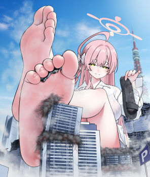 1girl absurdres ahoge barefoot blue_archive bow braid breasts building city commentary destruction english_commentary feet foot_focus giant giantess green_eyes hair_bow halo hanako_(blue_archive) hanako_(swimsuit)_(blue_archive) highres holding holding_shoes holding_unworn_clothes large_breasts long_hair long_sleeves miaokong official_alternate_costume outdoors pink_hair pink_halo shirt shoes single_braid skyscraper smile solo unworn_shoes white_bow white_shirt