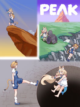 2girls 300_(movie) :o absurdres alps_no_shoujo_heidi animal_ears arms_up artist_name blonde_hair blue_eyes blue_hair blue_overalls blush_stickers cat_ears checkered_gloves cliff commentary dooby dooby_(1st_costume) dress english_commentary fins fish_tail full_body goggles green_eyes heidi_pushes_clara_over_cliff_(meme) highres hole indie_virtual_youtuber kicking long_hair meme mouse_girl multicolored_hair multiple_girls overalls peak_(game) pinstripe_overalls sameko_saba scene_reference streaked_hair striped_clothes striped_overalls tail the_lion_king this_is_sparta_(meme) too_many_memes train_conductor twitter_username varliet vertical-striped_overalls virtual_youtuber wheelchair white_dress