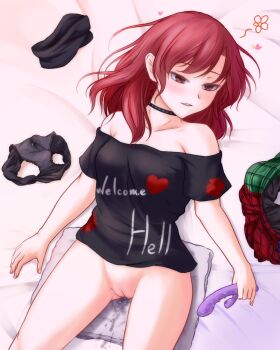 Rule 34 | 1girl, aftersex, bare shoulders, black choker, black neckwear, black panties, black shirt, blush, bottomless, breasts, choker, cleft of venus, clothes writing, female masturbation, green skirt, heart, heart print, heaven condition, hecatia lapislazuli, highres, lying, masturbation, medium breasts, medium hair, multicolored skirt, no headwear, no pants, panties, pussy, pussy juice, red eyes, red hair, red skirt, riria (liry a flower), sex toy, shirt, short sleeves, skirt, solo, t-shirt, teeth, touhou, toy, underwear