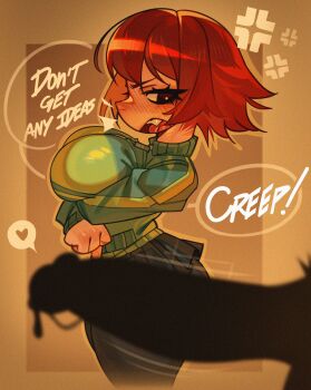 1boy 1girl angry breasts english_text erection heart imminent_penetration kim_pine large_breasts large_penis looking_at_penis penis penis_awe penis_shadow precum red_hair scott_pilgrim_(series) short_hair troppart