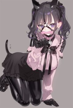 1girl animal_collar animal_ears bdsm bit_gag black_bodysuit black_bow black_bowtie black_choker black_gloves black_hair black_skirt blush bodysuit bodysuit_under_clothes bone bow bowtie breasts choker clothes_lift clothing_cutout collar commentary earrings english_commentary fake_animal_ears fake_tail frilled_shirt frilled_skirt frills gag gloves grey_background hair_ornament highres jewelry jirai_kei kneeling large_breasts latex latex_bodysuit latex_pantyhose long_hair long_sleeves looking_at_viewer looking_back medium_hair name_tag original paw_pose pet_play pink_collar pink_shirt purple_eyes shiny_clothes shirt shirt_tucked_in shoulder_cutout simple_background skirt slave solo tail thighs twintails yd_(orange_maru) zipper