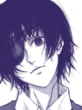 1girl blush chainsaw_man collared_shirt eyepatch head_tilt highres himeno_(chainsaw_man) jiuwen_siming light_smile looking_at_viewer messy_hair monochrome nose_blush one_eye_covered portrait shirt short_hair simple_background solo straight-on