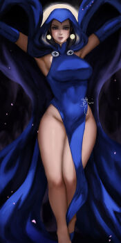 1girl armpits black_hair blue_cape blue_dress blue_gloves breasts cape covered_navel dc_comics dress earrings elbow_gloves forehead_jewel gloves highres jewelry large_breasts lips pelvic_curtain purple_eyes raven_(dc) sleeveless sleeveless_dress solo teen_titans thick_thighs thighs wei_(promise_0820) wide_hips
